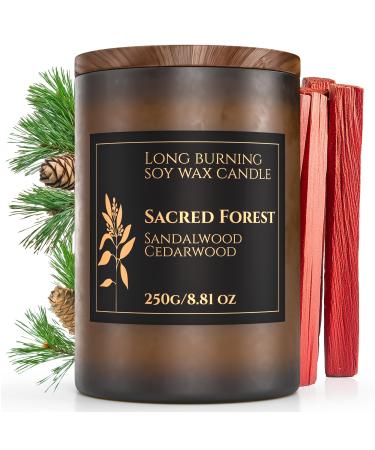 Sacred Forest Cedar & Sandalwood Candle | Scented Candle for Relaxing Aromatherapy | 60H Burn Time | Infused with Essential Oils | Natural Soy 8.81 Oz