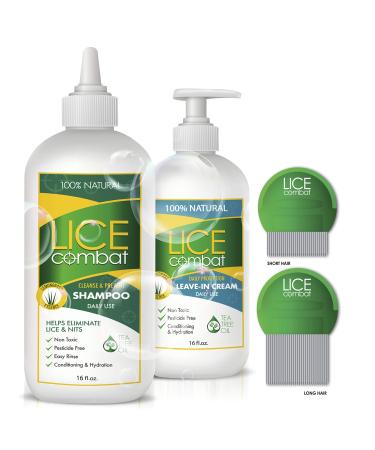 Lice Treatment Kit | Shampoo, Repellent Leave-in Cream & Two Combs | Kills Lice, Super Lice & Nits | Repels & Prevents | Pesticide Free | 100% Natural | Tea Tree + Coconut Oil+ Aloe Vera. 4 Piece Set White