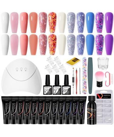 Poly Nail Gel Kit, 12 Color but 24 Effect, Poly Extension Gel Nail Kit with 36W U V LED Nail Lamp Glitter Poly Nail Gel VANREESA Gel Nail Starter Kit for Beginners Gift for Women PINK+PURPLE