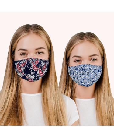 Face Mask Washable UK for Women with Nose Wire 3 Layers Cotton Washable Face Masks for Glasses Wearers | Reusable | Breathable | Filter Pocket | Adjustable air loops (2 x Masks) (Floral - J)