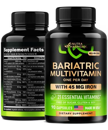 Bariatric Multivitamin - 45 mg Iron Supplements - Made in USA - for Women & Men - All-in-One 21 Essential Vitamins - Gastric Sleeve Support - Free of Sugar Gluten & Soy - 90 Capsules