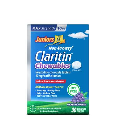 Juniors Claritin Max Strength 10mg Chewables One Dose for 24-Hour Non-Drowsy Allergy Relief Children's Allergy Medicine Kids Chewable Allergy Medicine Ages 6+ Grape Flavored 30 Chewable Tablets