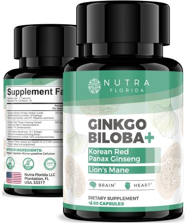Ginkgo Biloba Supplements 120mg with Korean Red Ginseng 300mg & Lion's Mane Mushroom 1000mg Vegetarian Capsules Non-GMO & Gluten Free Natural Brain Supplement for Memory Focus & Cognitive Support