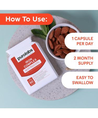 Iron Complex Supplement - 60 Vegan Capsules - Gentle Iron Bisglycinate - for Men and Women - with Vitamin C Folic Acid B2 and B12 - Made in The UK by Purolabs - Buy Online on GoSupps.com