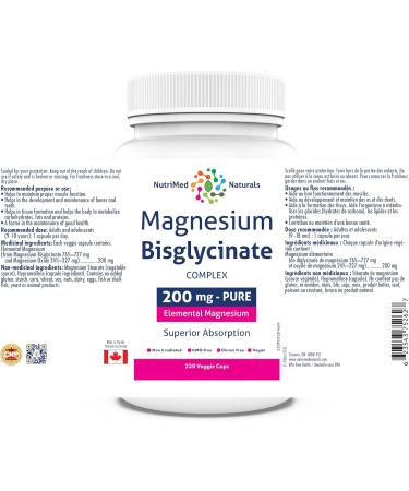 Nutrimed Naturals Magnesium Bisglycinate 200mg - 230 Caps for Muscle & Bone Health Sleep Support - 3rd Party Tested & Made in Canada - Buy Online on GoSupps.com
