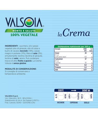 Valsoia - Vegetable cream with hazelnuts 100% vegetable rich in fiber gluten free and palm oil of course lactose free also ideal for vegans vegetarians and celiacs 4 packs of 200g - Buy Online on GoSupps.com