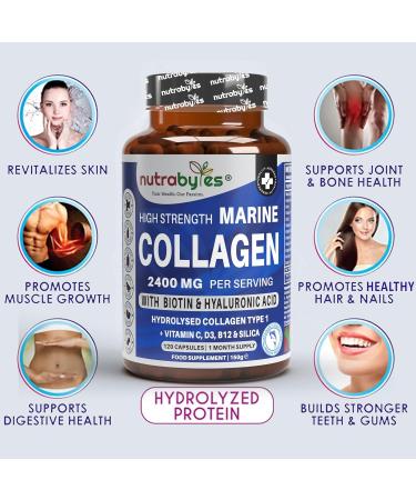 High Strength Marine Collagen 2400mg with Hyaluronic Acid 100mg Biotin Vitamin C D3 B12 and Silica - 120 Capsules - High Strength Hydrolysed Marine Collagen for Men and Women Made in UK - Buy Online on GoSupps.com