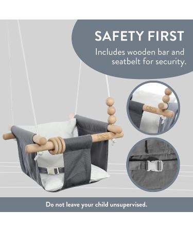 Baby Swing Seat - Secure Canvas & Wooden Hanging Chair for Infants, Toddlers & Kids - Indoor/Outdoor Hammock - Grey/White - Buy Online on GoSupps.com