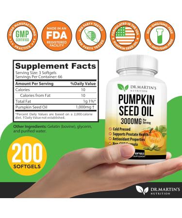 3000mg Cold Pressed Pumpkin Seed Oil | DHT Blocker | Promotes Hair Growth | Supports Heart Skin Prostate & Urinary Health | Contains Vitamins Minerals & Omega 3 6 & 9 For Anti-Aging | 200 Softgels - Buy Online on GoSupps.com
