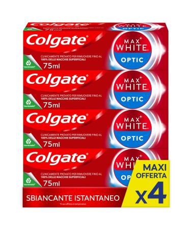 Colgate Max White Optic Instant Whitening toothpaste clinically proven to remove up to 100% of the superficial spots 4 x 75 ml