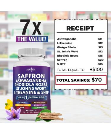 NEW AGE Saffron Supplements with Ashwagandha - Support with L-Theanine Ginkgo Biloba St. John's Wort Rhodiola Rosea & 5-HTP - Saffron 120 Count 120 Capsules (Pack of 2) - Buy Online on GoSupps.com