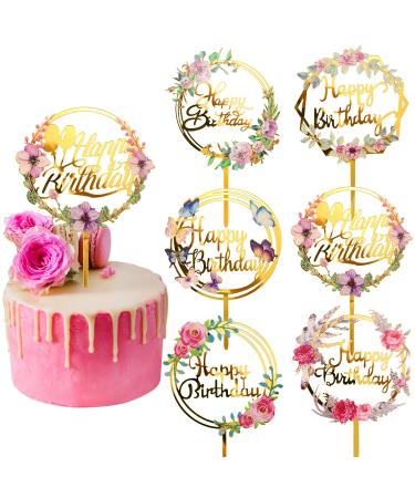 6 Pieces Happy Birthday Cake Toppers Gold Flower Acrylic Cake Toppers Acrylic Cupcake Topper for Various Birthday Party Anniversary Cake Pastries Decorations