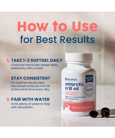NativePath Antarctic Krill Oil - Wild-Caught Omega 3 Krill Oil 500mg Softgels with EPA DHA and Astaxanthin - Supplement for Joint Heart Brain and Immunity - 60 ct - No Fishy Aftertaste 60 Count (Pack of 1) - Buy Online on GoSupps.com