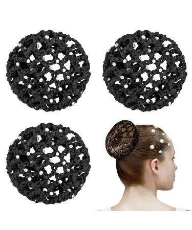 3 pieces of hair network crystal bun hair networks hairstyles fabric bunting children ballet bottle network hairstyle help for ballet gymnastics riding sport children figure skating (black)