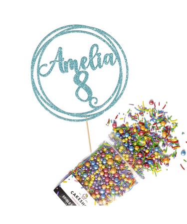 Cakeshop Cake Decoration Pack | Round Happy Birthday Premium Double Sided Glitter Card Cake Topper & 25g Party Pack of Cake Sugar Sprinkles | Custom Name & Age Cake Decorations (Baby Blue) Non-Prime Glitter Card: Baby Blue