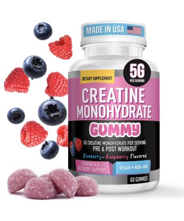 Helix Heal Creatine Monohydrate Gummies - 5g per Serving Vegan Non-GMO Strength Power & Recovery Support No Scoops or Mess Pre & Post Workout 60 Count Blue Raspberry Flavor