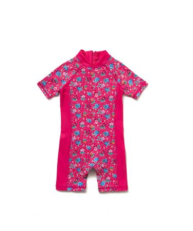 BONVERANO Baby Girls Sunsuit/Swimsuit UPF 50+ Sun Protection One Pieces Short Sleeves with Sun Hat. Mei Red Flowers One Size