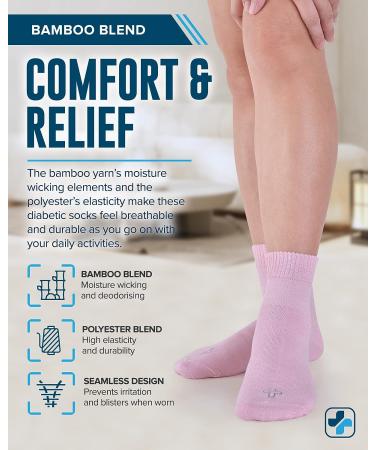 Doctor's Select Bamboo Diabetic Socks - 4 Pairs Ankle Length Women's & Men's Large Light Blue/Purple/Pink - Buy Online on GoSupps.com