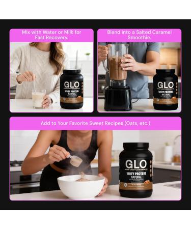GLO Health Foods Cold-Processed Whey Protein - Salted Caramel Flavor - 24g Protein per Serving - Whey with Digestive Enzymes & BCAAs - Supports Muscle Growth, Strength & Recovery - 2 LB (28 Servings) - Buy Online on GoSupps.com
