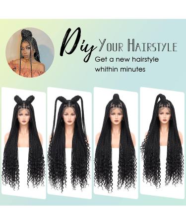 Fecihor 36 Boho Curly Ends Lace Front Braided Wig for Black Women | Knotless Cornrow Box Braids with Baby Hair - Synthetic Black Wig - Buy Online on GoSupps.com