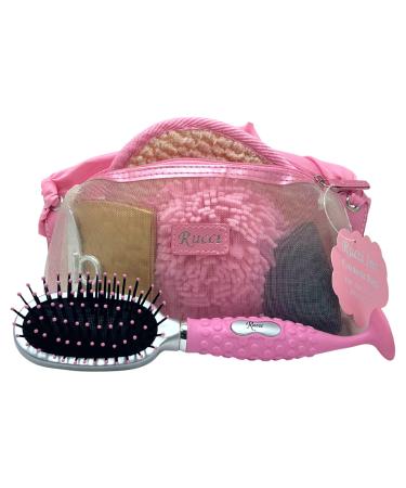 Rucci Bath Set with Eva Sponge Ball/White Compact Mirror/Pink Massage Pad/Pumice Stone/Oval Suction Hairbrush  1 Pound