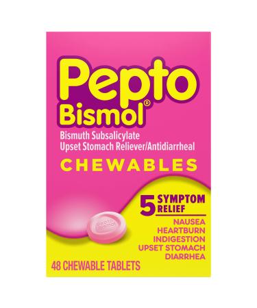 Pepto Bismol Chewables, Upset Stomach Relief, Bismuth Subsalicylate, Multi-Symptom Relief of Gas, Nausea, Heartburn, Indigestion, Upset Stomach, Diarrhea, 48 Chewable Tablets