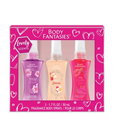 Body Fantasies Body Spray Holiday Gift Set for Her - 3 Piece Lovely Scents Sampler Perfect for Stocking Stuffers 1.7 Fl Oz (Pack of 3)