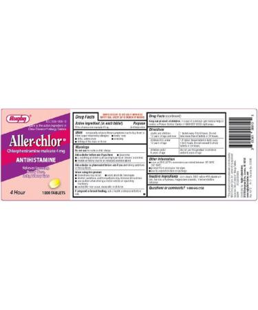 RUGBY ALLERCHLOR/CPM 4MG TAB CHLORPHENIRAMINE MALEATE-4 MG yellow 1000 TABLETS UPC 305361006105