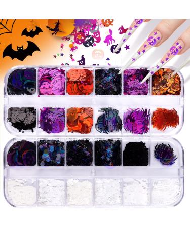 EBANKU 2 Boxes Halloween Nail Art Glitter Sequins, Pumpkin Witch Spider Bat Holographic Confetti Glitter for Acrylic Nails Design Halloween Party Decor