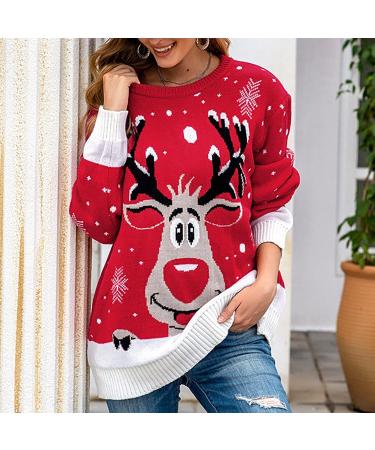 Elegant Women's Christmas Sweater - Reindeer Knitting Pattern Round Arm Winter Knitwear - Size 11 Red - Buy Online on GoSupps.com
