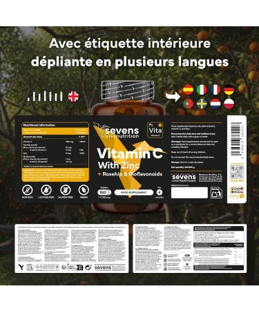 Vitamine C 1000 mg avec Zinc + Bioflavono des & glantier 180 comprim s Formule 100% v g tale Soutien immunitaire & protection antioxydante Sevens - Buy Online on GoSupps.com