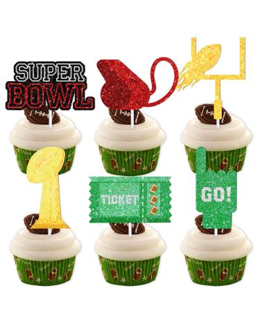 Trophy Rugby Ball Dessert Cupcake Topper Super Bowl Touchdown Sport Game Day Theme Decor Supplies Men Boys Happy Birthday Party Decorations set 18pcs Glitter