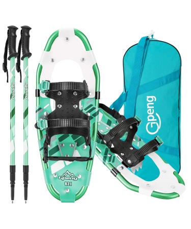 Gpeng 3-in-1 Xtreme Lightweight Terrain Snowshoes for Men Women Youth Kids, Light Weight Aluminum Alloy Terrain Snow Shoes with Trekking Poles and Carrying Tote Bag, 14"/21"/ 25"/27"/ 30" Green 25" (120 - 180 lbs)