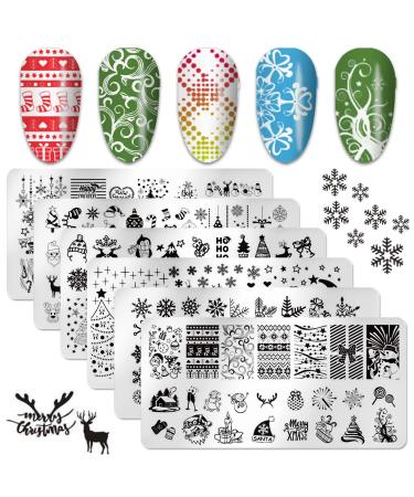 SILPECWEE 6pcs Christmas Nail Stamping Plate Nail Stamp Snowflake Elk Winter Nail Stencils Nail Art Stamping Kit Holiday Manicure Template NO2