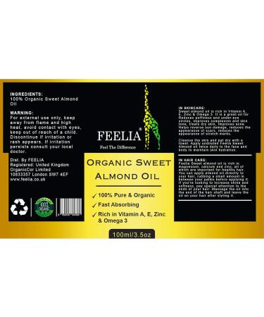 Feelia Organic Sweet Almond Oil - 100% Pure Cold Pressed Rich in Vitamins A & E Zinc Omega 3 - Fast Absorption for Healthy Skin - Buy Online on GoSupps.com