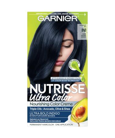 Garnier Hair Color Nutrisse Ultra Color Nourishing Creme IN1 Dark Intense Indigo (Midnight Iris) Blue Permanent Hair Dye 1 Count (Packaging May Vary)
