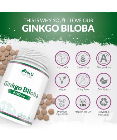 Ginkgo Biloba 6000mg - 400 High Strength Vegan Tablets - 120mg Extract per Tablet - Made in UK by Nu U Nutrition - Buy Online on GoSupps.com