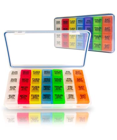 GMS Gasketed 7-Day 4-Times-a-Day Pill Organizer for Vitamins Pills and Supplements - BPA-Free & Waterproof with Daily Removable Multi-Colored Tablet Boxes