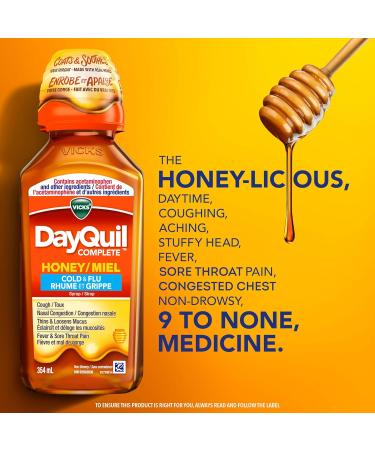 Vicks DayQuil COMPLETE Cold and Flu Medicine Liquid Medicine Honey Flavour Daytime Non-Drowsy relief for Cough Fever Sore Throat Pain Sinus congestion Sinus Pain Chest Congestion 354 ml - Buy Online on GoSupps.com