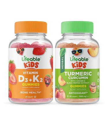 Lifeable Vitamin D3 + Vitamin K2 Kids + Turmeric Curcumin Kids Gummies Bundle - Great Tasting Vitamin Supplement Gluten Free GMO Free Chewable Gummy