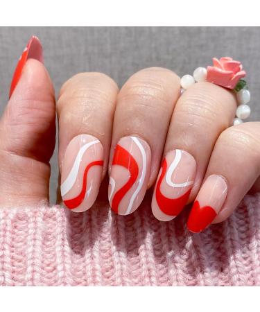 Valentine's Day Fake Press on Nails - NOVO OVO Short Almond Oval Red Heart Pink Swirl White Flower Thick False Nail Kit with Glue - Sweetie French Tip Acrylic Stick on Nails - Buy Online on GoSupps.com
