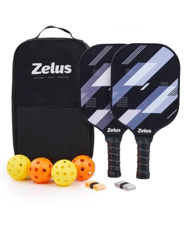 ZELUS Pickleball Paddles Set of 2, Pickleball Set with Carbon Fiber Paddles and 4 Indoor Outdoor Pickleball Balls, Pickle Ball Racket Sport Game Kit with Grip Tapes & Bag for Adults and Family Black