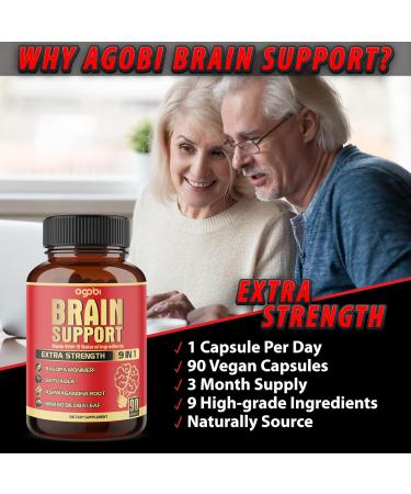 9in1 Brain Support Supplement - Concentrated Ashwagandha Root, Gotu Kola Powder, Bacopa Monnieri Powder and More - 90 Capsules - 3 Months Supply - Buy Online on GoSupps.com