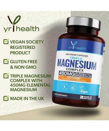 Vegan Magnesium Supplements with Zinc | 180 Capsules Triple Magnesium Complex | Vitamin D, B6 & Copper | Vegan Society Registered | Made in The UK - Buy Online on GoSupps.com