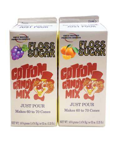 Cotton Candy Floss Sugar (2-Pack) | Grape and Orange | 3.25 LBS Cartons | Makes up to 140 Cotton Candy Cones. Extra Fine Granulated Sugar