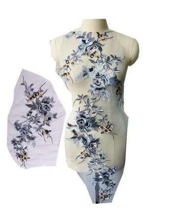 Embroidered Flower Appliques Blue Red Brown Leaves Branch Patches Fabric Lace Trims Mesh Sew Patch for Wedding Gown Dress DIY Decoration 2 pcs/Set (Black) Ivory,Blue