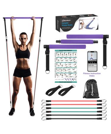 Portable Pilates Bar Exercise Kit-Stackable 3 Pairs of Resistance Bands (15, 20, 30LB) - Home Gym Equipment for Men and Women, Workout Kit for Body Toning,with Fitness Video(Purple).