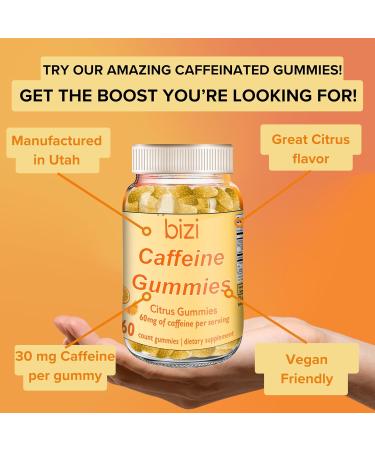 Bizi Caffeine Gummies - Energy Supplement for Focus & Boost - 30mg Caffeine per Gummy (60 ct) - Citrus Flavor for Men & Women - Buy Online on GoSupps.com