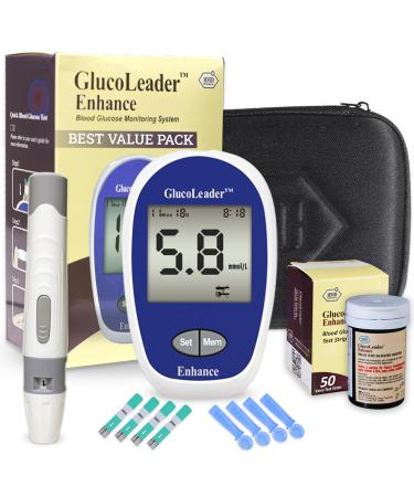 Glucoleader Enhance Blood Glucose Monitor with (10+50) Blood sugar Test Strips and Lancets - Blood Glucose Test Kit in mmol/L - CE Approved - ISO Certified - Made in Taiwan Meter Kit + 50 X Strips & Lancets - Blue Meter Kit + 50 X Strips & Lancets