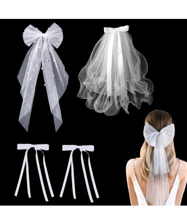 Bachelorette Bow Veil for Bride 2Pcs White Tulle Veil Barrette and 2Pcs Bow Hair Clips Pearl Wedding Veil Bridal Bow Veil Bachelorette Party Supplies Wedding Party Decorations for Women